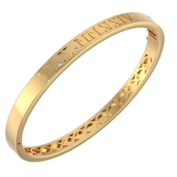 14KT Custom Solid Roman Numeral Diamond Date Bangle