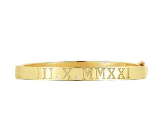 14KT Custom Solid Roman Numeral Diamond Date Bangle
